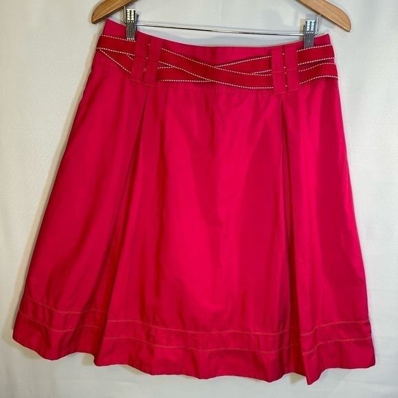 Liz Claiborne 100% Cotton Hot Pink Fit & Flared Pleated Belted Knee Length Skirt - Picture 7 of 8